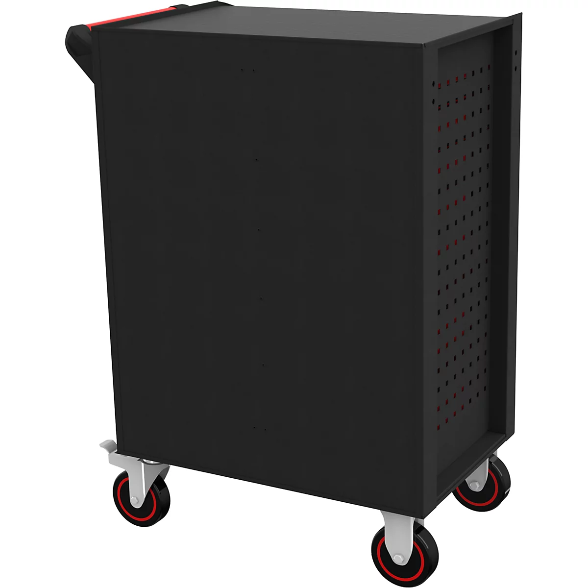 Schwarzer Werkzeugwagen auf Rollen mit roten Akzenten. Eckige Form, Lochmuster an der Seite.